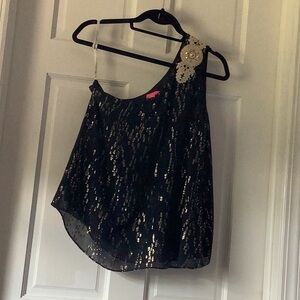 Lilly Pulitzer single shoulder navy & gold metallic sheer top